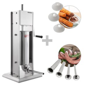 Ručný plnička klobás a churro stroj - 5 litrov - nerezová oceľ - vrátane 4 plničov klobás a 3 churro nadstavcov