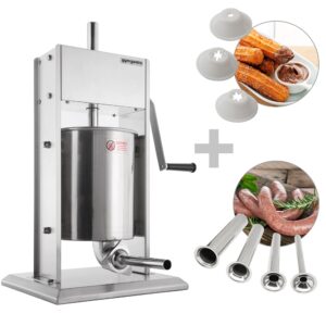 Ručná plnička klobás a churro stroj - 7 litrov - nerezová oceľ - vrátane 4 plničov klobás a 3 churro nadstavcov