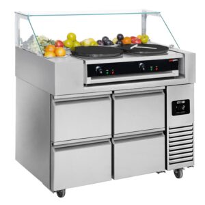 Prípravný stôl – 4 zásuvky – pre 9x GN 1/6 – s dvojplatňovým krepovačom