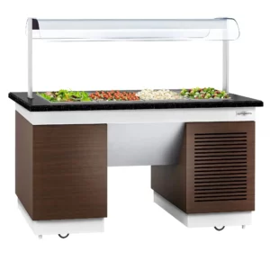 Studený bufetový pult – 1600 mm, s chladiacou táckou a kolieskami, pre 4×GN 1/1