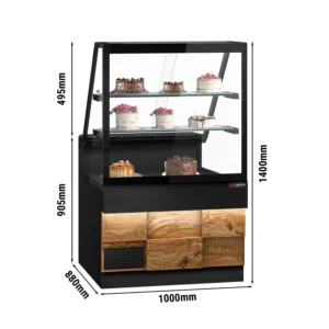 Chladiaci pult Toronto – 1000 mm, 2 police, čierna žula, predná strana v drevenom dekore