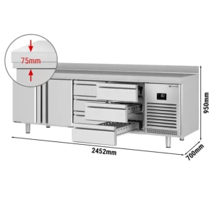 Chladiaci stôl PREMIUM PLUS – 2452 x 700 mm, 2 dvierka, 6 zásuviek, zadná stena