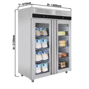 Kombinácia chladničky a mrazničky PREMIUM – GN 2/1, 1400 litrov, so 2 sklenenými dverami