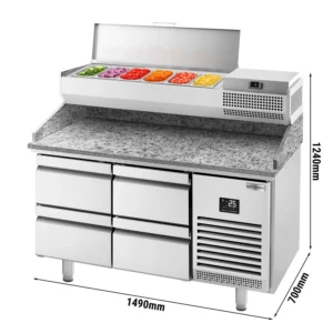 Chladiaci stôl na pizzu PREMIUM PLUS – 1490x700mm, 4 zásuvky, chladiaca vitrína, 6x GN 1/4