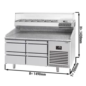 Chladiaci stôl na pizzu PREMIUM PLUS – 1490x700mm, 4 zásuvky, chladiaca vitrína, 6x GN 1/4