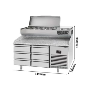Chladiaci stôl na pizzu PREMIUM PLUS – 1490x700mm, 6 zásuviek, chladiaca vitrína, 6x GN 1/4