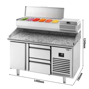 Chladiaci stôl na pizzu PREMIUM PLUS – 1490x700mm, 1 dvierko, 2 zásuvky, chladiaca vitrína, 6x GN 1/4