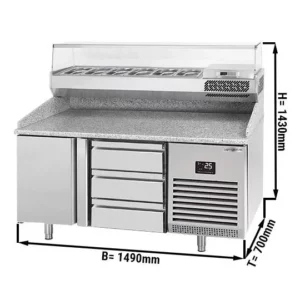 Chladiaci stôl na pizzu PREMIUM PLUS – 1490x700mm, 1 dvierko, 3 zásuvky, chladiaca vitrína, 6x GN 1/4