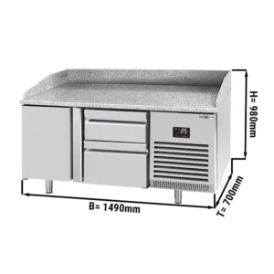 Chladiaci stôl na pizzu Premium Plus – 1490 x 700 mm, 1 dvierko, 2 zásuvky