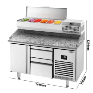 Chladiaci stôl na pizzu PREMIUM PLUS – 1490x700mm, 1 dvierko, 2 zásuvky, chladiaca vitrína, 6x GN 1/4