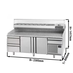 Pizza chladiaci pult premium plus – 2305x800mm, 2 dvierka+2 zásuvky, vitrína, 10×GN1/3