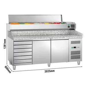 Chladiaci stôl na pizzu ECO – 2000x800mm, 2 dvierka, 7 zásuviek, vitrína, 10x GN 1/4