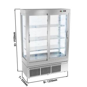 Panoramatická vitrína - 855 l, 1320 mm, 3 police, strieborná