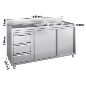 Skrinka pod umývadlo – 1800x600mm, trojzásuvková, umývadlá na pravej strane