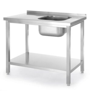 Pracovný stôl s jednokomorovým drezom Budget Line Hendi – zoskrutkovaný, s jednou policou, drez vľavo, 1000x600x(H)850mm