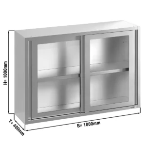 Nerezová nástenná skrinka – 1800x400mm, posuvné sklenené dvere, výška 1000mm