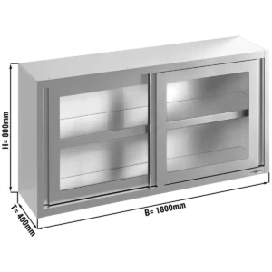 Nerezová nástenná skrinka – 1800x400mm, posuvné sklenené dvere, výška 800mm