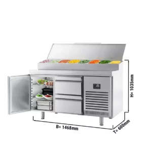 Prípravný chladniaci stôl - 1468x600 mm, 1 dvierko a 2 zásuvky, nerezový nástavec, 8x GN 1/4