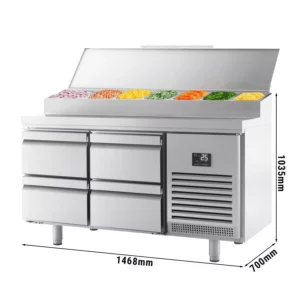 Prípravný chladniaci stôl - 1468x700 mm, 4 zásuvky, nerezový nástavec, 1x GN 1/2 & 6x GN 1/3