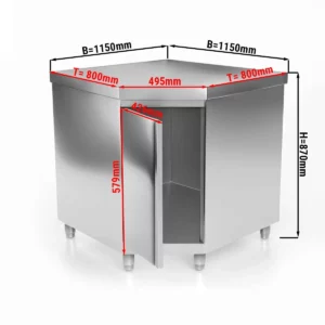 Nerezová rohová pracovná skrinka PREMIUM – 1150×800 mm, s krídlovými dverami, bez podstavca