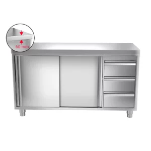 Pracovný nerezový stôl – 1,4×0,6 m, s 3 zásuvkami, posuvné dvere vpravo