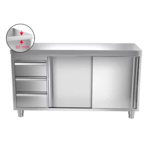 Pracovný nerezový stôl – 1,6×0,7 m, s 3 zásuvkami