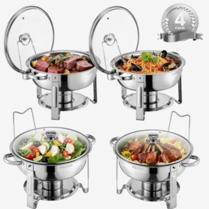 Nerezový cateringovej ohrievač Chafing – súprava 4 ks, okrúhly, so skleneným vekom, 4x 4,7 l, strieborný