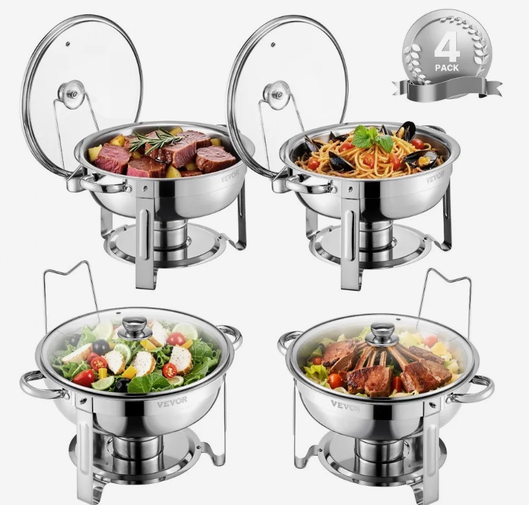 Nerezový cateringovej ohrievač Chafing – súprava 4 ks, okrúhly, so skleneným vekom, 4x 4,7 l, strieborný