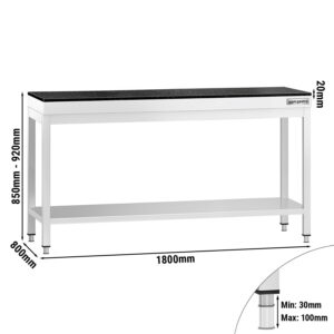 Nerezový stôl – prémiový pracovný, PREMIUM, 1800x800 mm, so základnou policou, vrátane žulovej pracovnej dosky
