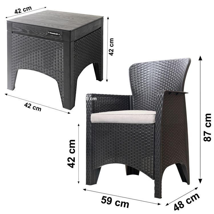 Záhradný nábytok – na terasu alebo balkón, stôl, 2 kreslá, čierny – Obrázok 2