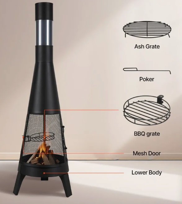 Záhradný krb – kónický krb s roštom na grilovanie a nerezovým vekom, 508x1495 mm – Obrázok 4