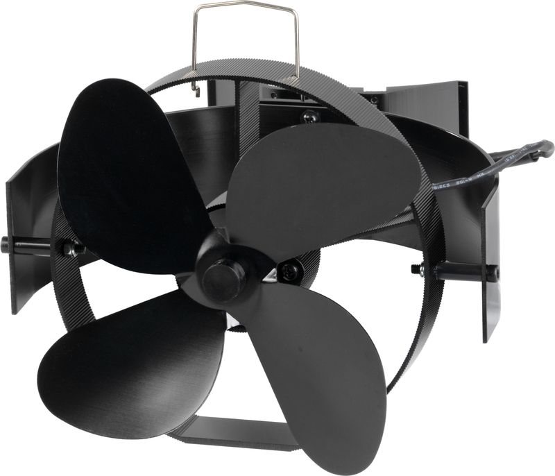 Teplom poháňaný krbový ventilátor Strend Pro — magnetický s úchytom na dymovod, 4-lopatkový, čierny