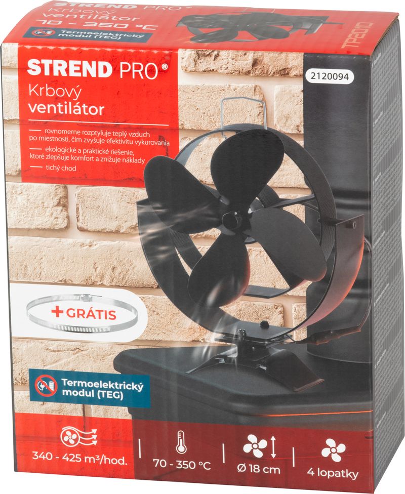 Teplom poháňaný krbový ventilátor Strend Pro — magnetický s úchytom na dymovod, 4-lopatkový, čierny – Obrázok 2