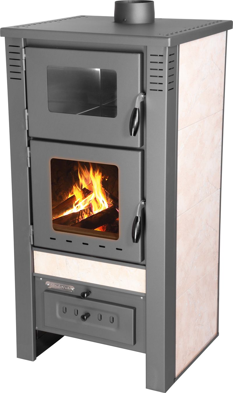 Keramické krbové kachle Pro TAURUS Ceramic — s rúrou na pečenie, béžové, dymovod 120 mm, 12 kW