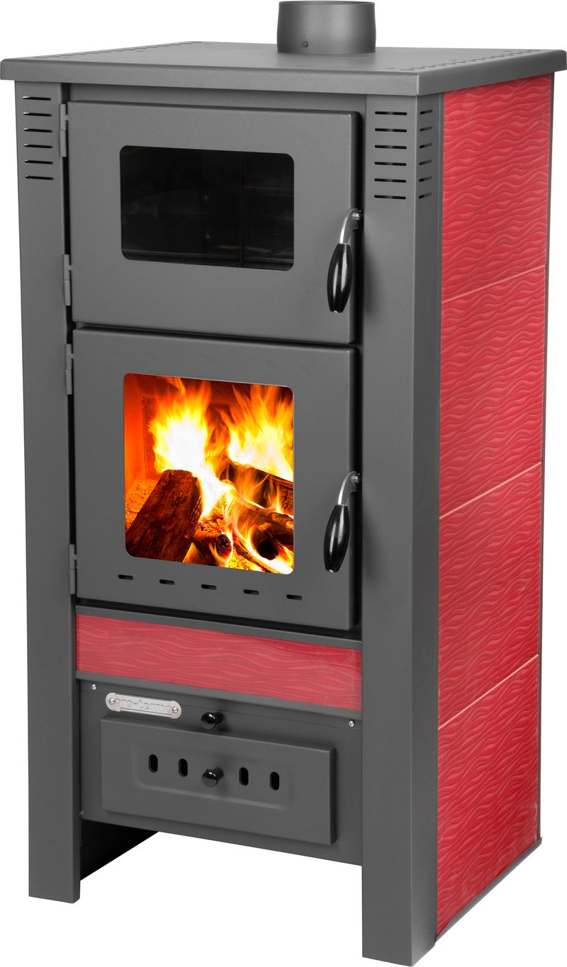 Keramické krbové kachle Pro TAURUS Ceramic — s rúrou na pečenie, červené, dymovod 120 mm, 12 kW