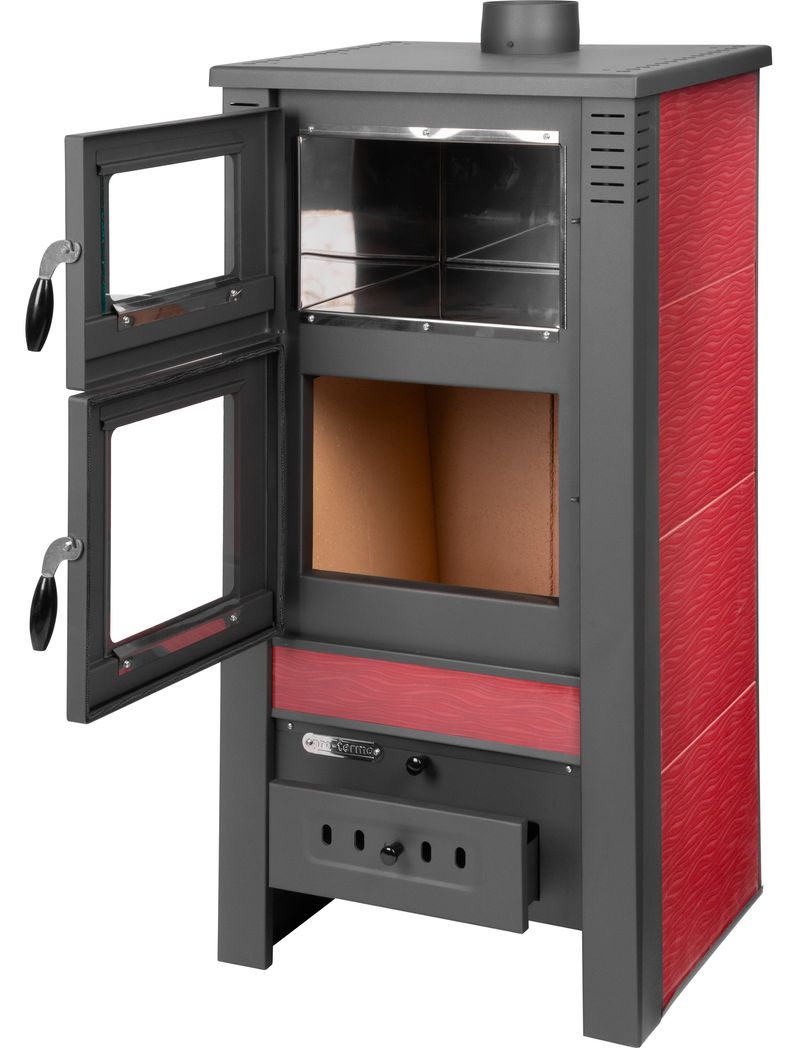 Keramické krbové kachle Pro TAURUS Ceramic — s rúrou na pečenie, červené, dymovod 120 mm, 12 kW – Obrázok 4
