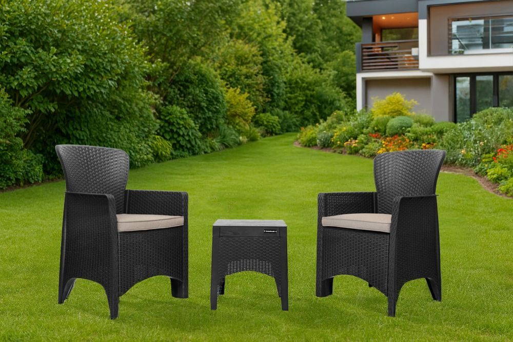 Záhradný nábytok – na terasu alebo balkón, stôl, 2 kreslá, čierny – Obrázok 9