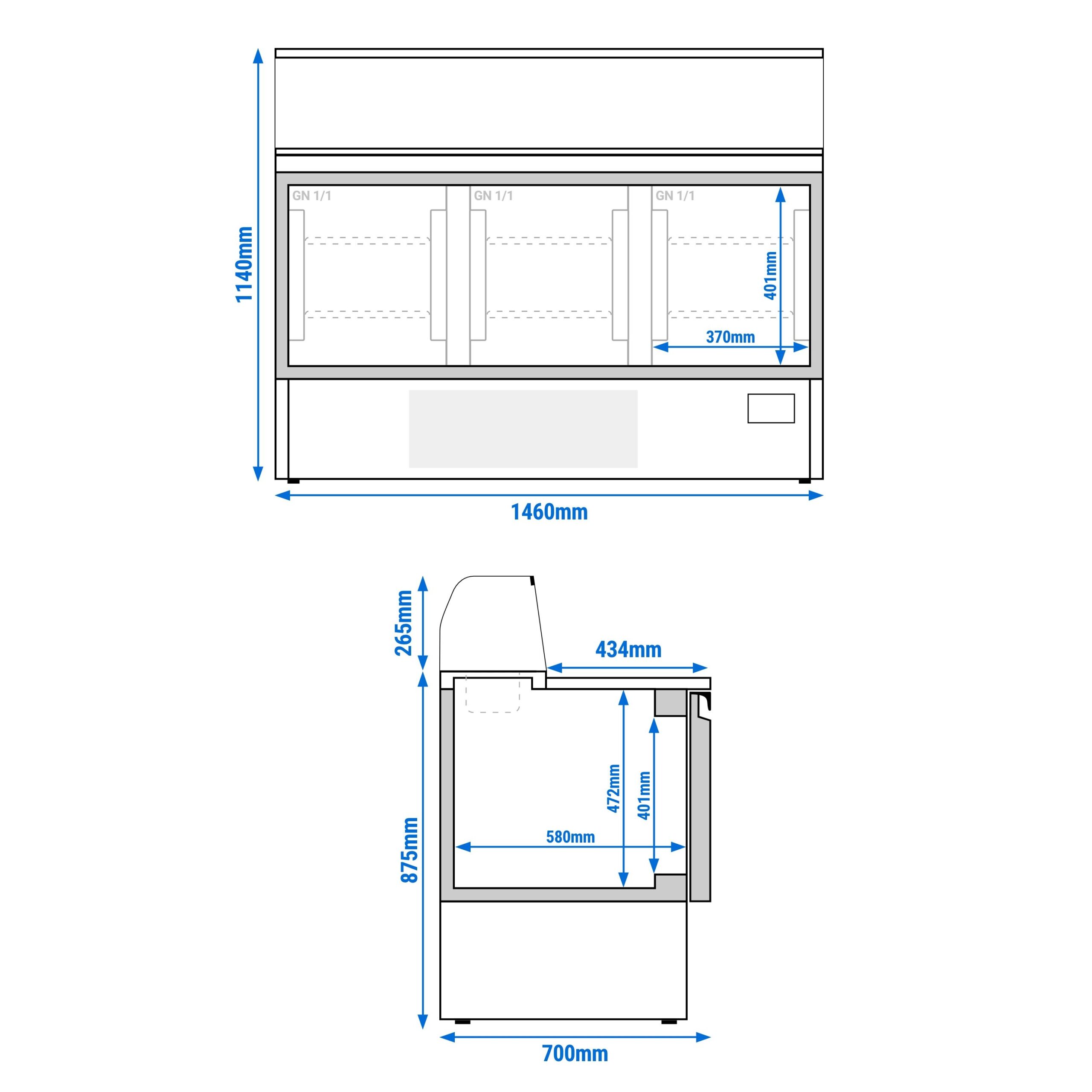 Chladiaca saladeta Premium PLUS — šírka 1460 mm, 3x dvierka, sklenená nadstavba, pre 8x GN 1/6 – Obrázok 2