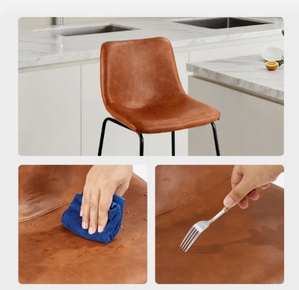 Koženková barová stolička - sada 4 kusov, moderná, umelá koža, výška pultu 65 cm, s operadlom, s kovovými nohami, ľahká montáž, bez podrúčok, do kuchyne a jedálne, hnedá – Obrázok 4