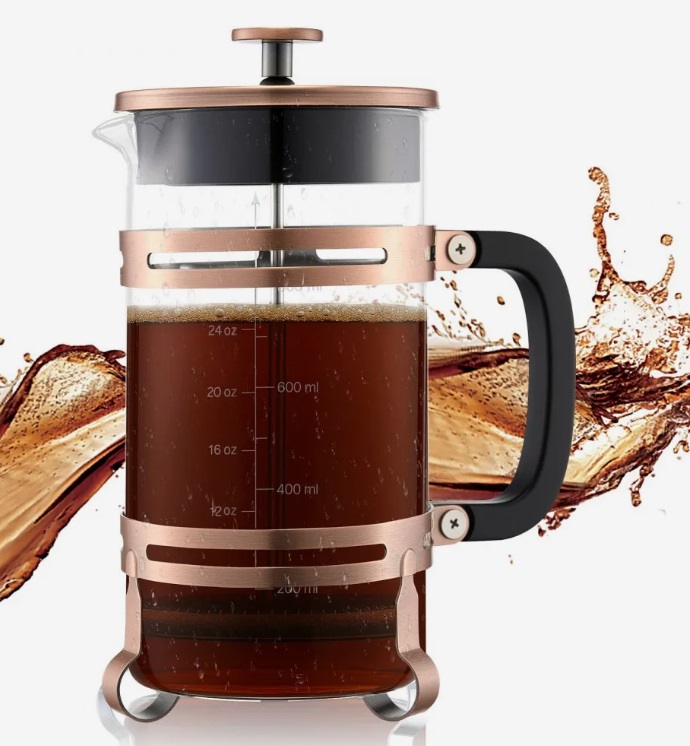 Sklenený kávovar French Press - 1 l, borosilikátové sklo, čajník, filter z nehrdzavejúcej ocele, na kempovanie a cestovanie, do kuchyne a reštaurácie, medený