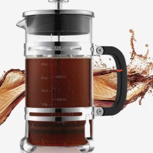 Sklenený kávovar French Press - 1 l, borosilikátové sklo, filter z nehrdzavejúcej ocele, na kempovanie a cestovanie, do kuchyne a reštaurácie, strieborný