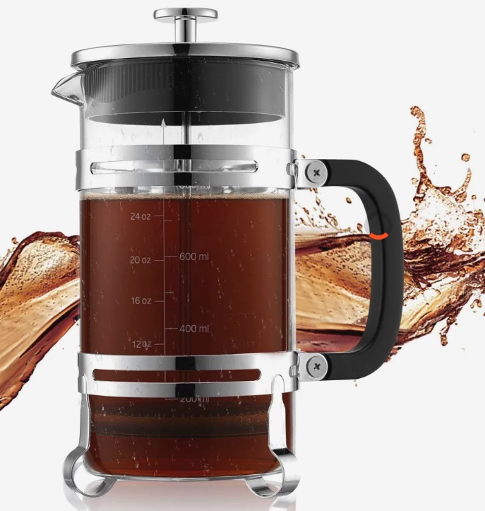 Sklenený kávovar French Press - 1 l, borosilikátové sklo, filter z nehrdzavejúcej ocele, na kempovanie a cestovanie, do kuchyne a reštaurácie, strieborný