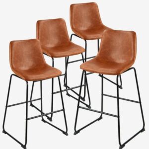 Koženková barová stolička - sada 4 kusov, moderná, umelá koža, výška pultu 65 cm, s operadlom, s kovovými nohami, ľahká montáž, bez podrúčok, do kuchyne a jedálne, hnedá