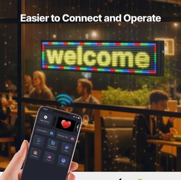 Programovateľný LED displej P10 - plnofarebný, flexibilný, digitálny posúvací panel, DIY zobrazovacia tabuľa, vlastný textový vzor a GIF, ovládanie cez Bluetooth aplikáciu, 990 x 190 x 55 mm – Obrázok 4