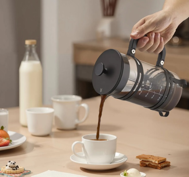 Sklenený kávovar French Press - 1 l, borosilikátové sklo, filter z nehrdzavejúcej ocele, na kempovanie a cestovanie, do kuchyne a reštaurácie, čierny – Obrázok 3