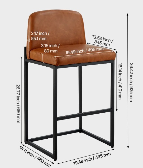 Koženková barová stolička - sada 4 kusov, moderná, umelá koža, výška 68 cm, s operadlom, s kovovými nohami, ľahká montáž, bez podrúčok, do kuchyne a jedálne, hnedá – Obrázok 3