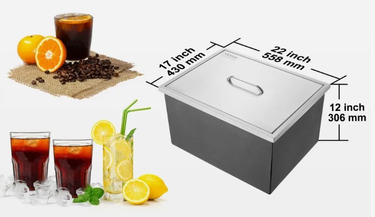 Nerezová nádoba na ľad - 43,5 l, chladič ľadu, 558 x 430 x 306 mm, komerčná, s krytom, vstavaná, vrátane odtokovej rúry a odtokovej zátky – Obrázok 4