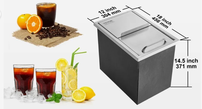 Nerezová nádoba na ľad - 26,7 l, chladič ľadu, 456 x 304 x 371 mm, komerčná, s posuvným vekom, vstavaná, vrátane odtokovej rúry a odtokovej zátky – Obrázok 2