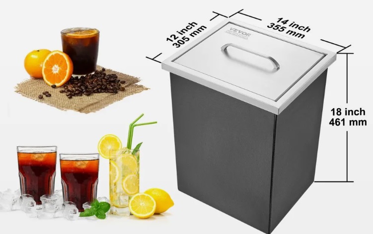 Nerezová nádoba na ľad - 25,3 l, chladič ľadu, 355 x 305 x 461 mm, komerčná, s krytom, vstavaná, vrátane odtokovej rúry a odtokovej zátky – Obrázok 2