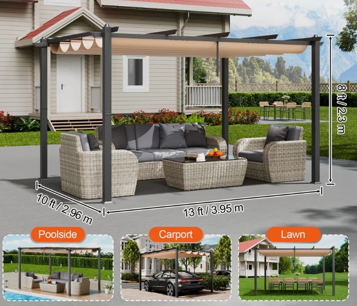 Béžová pergola – záhradný altánok so strechou proti slnku, ochrana UV50+, strieška nad terasu, na záhrady a verandy, 2,96x3,95x2,3 m – Obrázok 4
